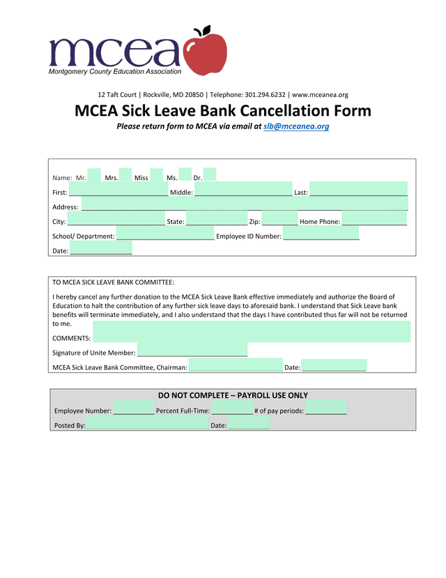 MCEA Sick Leave Bank Cancellation Form screenshot