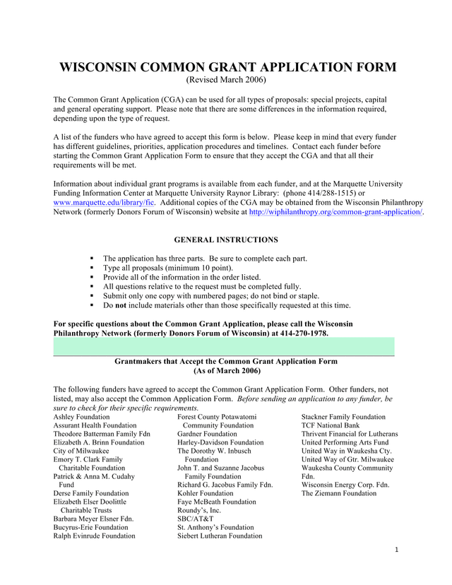 Wisconsin Common Grant Application Form screenshot