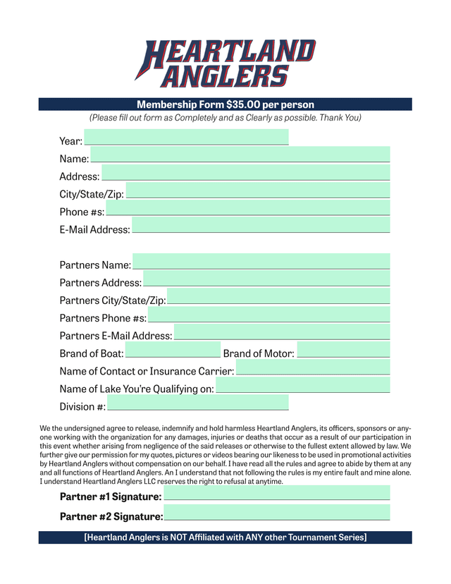 Heartland Anglers Membership Form screenshot