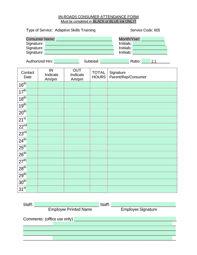 IN ROADS CONSUMER ATTENDANCE FORM screenshot