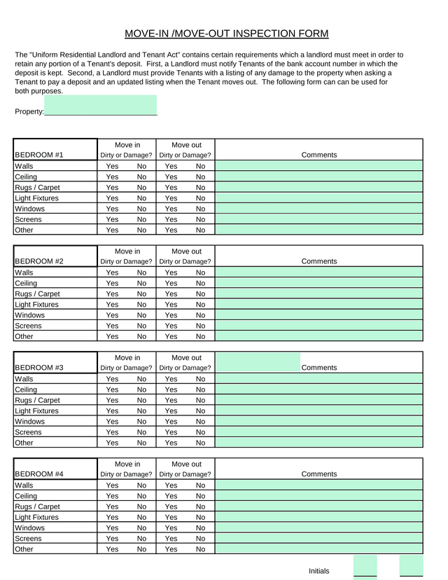 MOVE IN MOVE OUT INSPECTION FORM screenshot