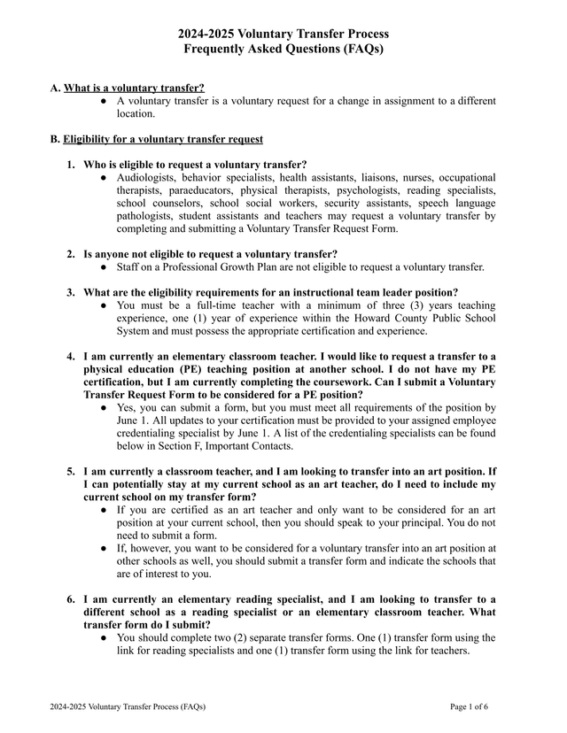 2024 2025 Voluntary Transfer Process Frequently Asked Questions (FAQs) screenshot