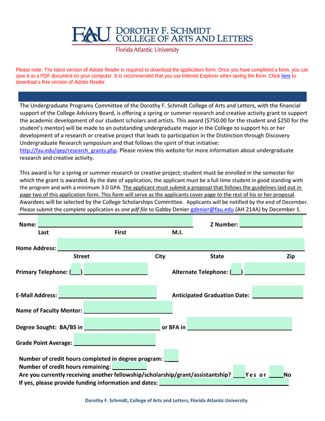 College Advisory Board Undergraduate Grant Application Form screenshot