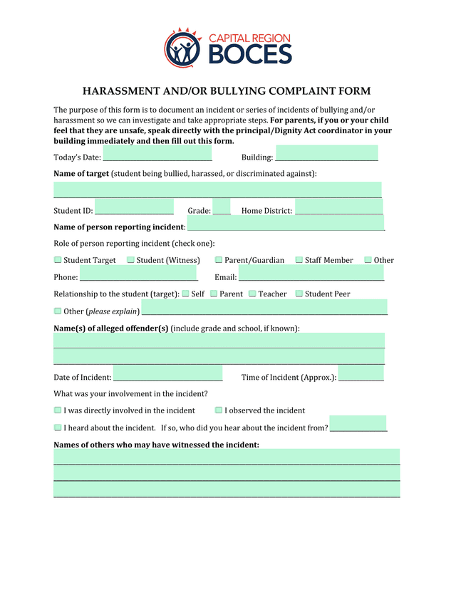 Harassment AndOr Bullying Complaint Form screenshot