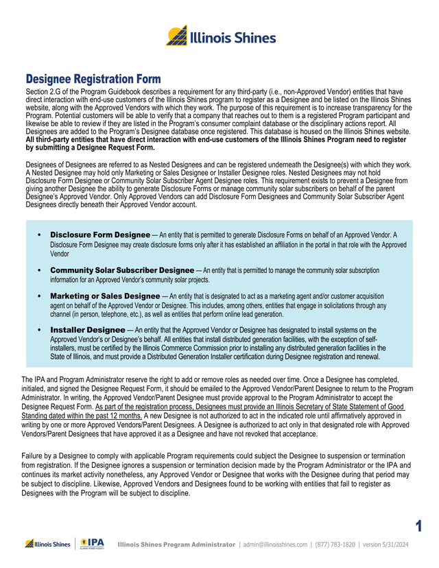 Designee Registration Form screenshot