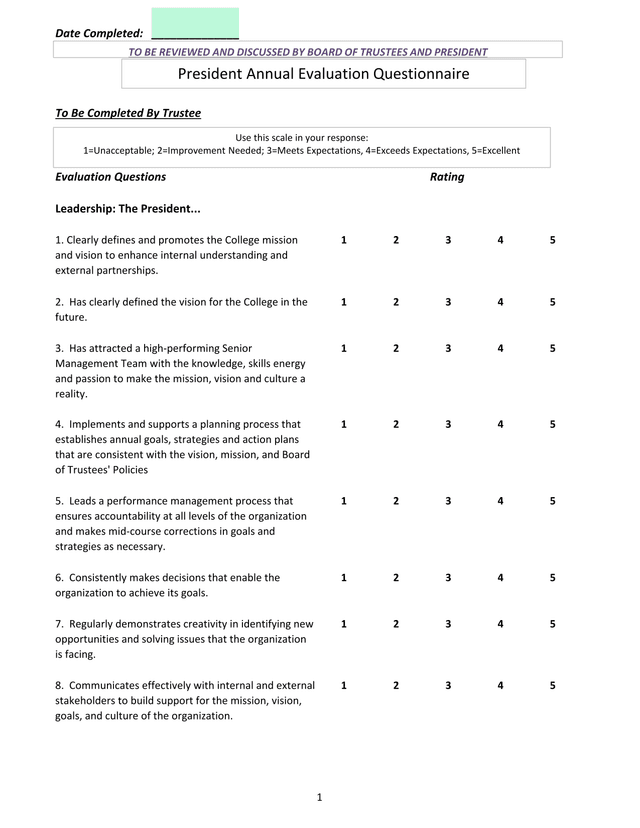 President Annual Evaluation Questionnaire screenshot