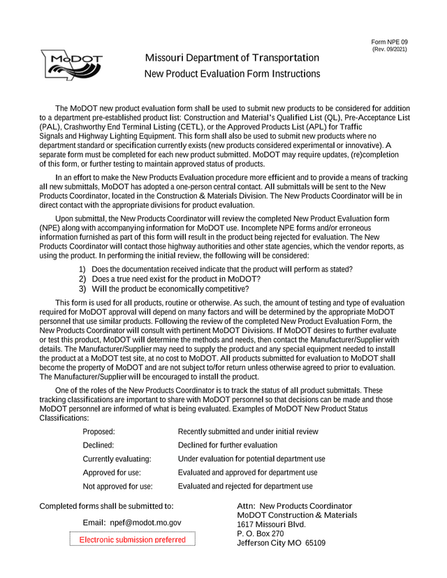 New Product Evaluation Form Instructions screenshot
