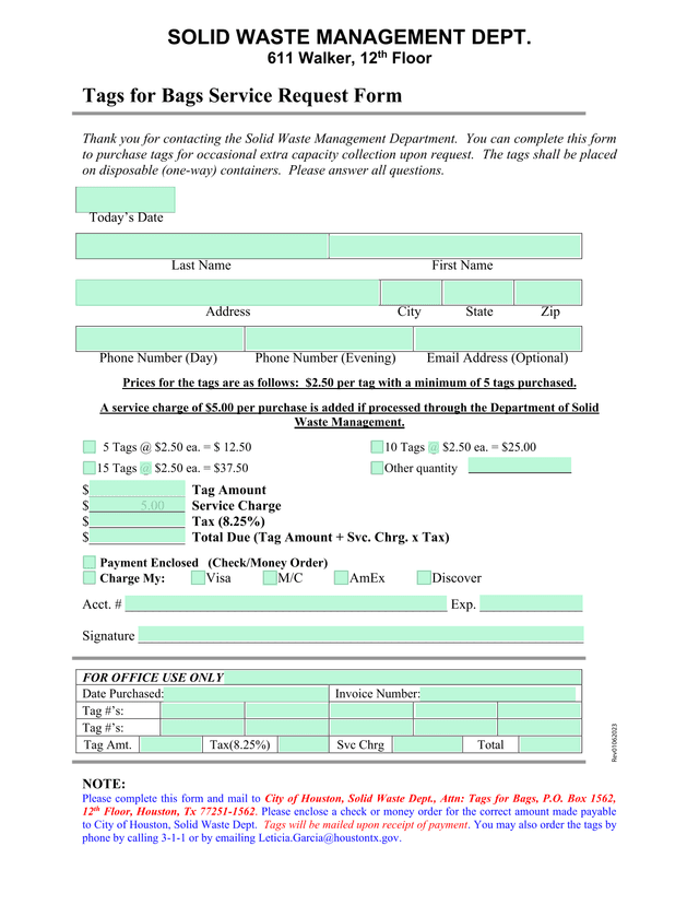 Tags For Bags Service Request Form screenshot