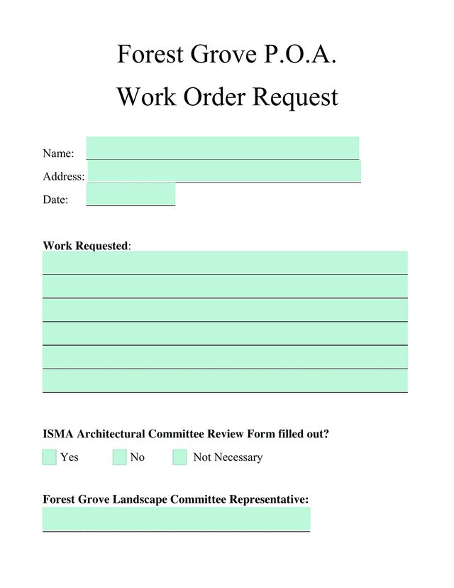 Forest Grove P.O.A. Work Order Request screenshot