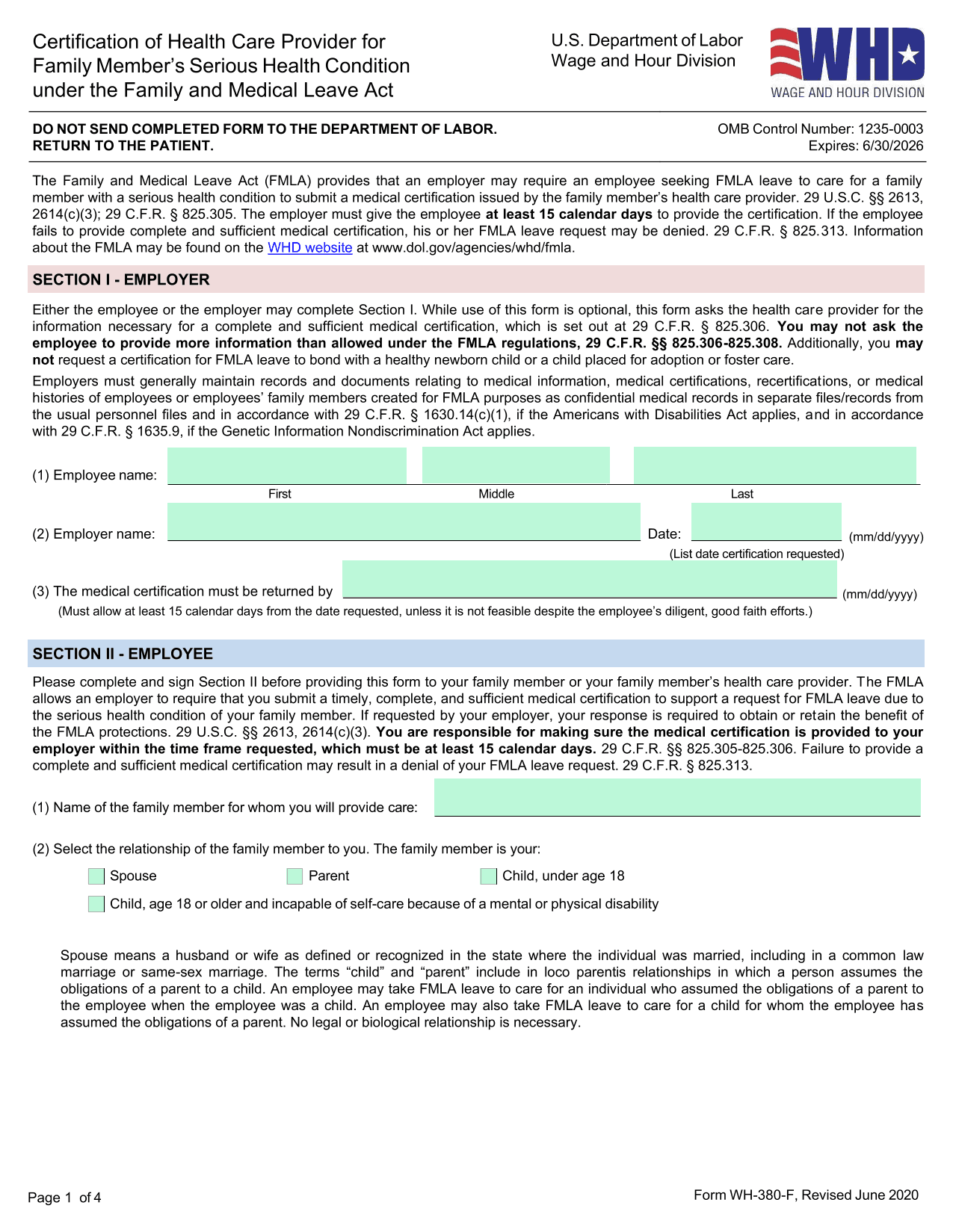 Family MemberS Serious Health Condition Form (WH 380 F) screenshot