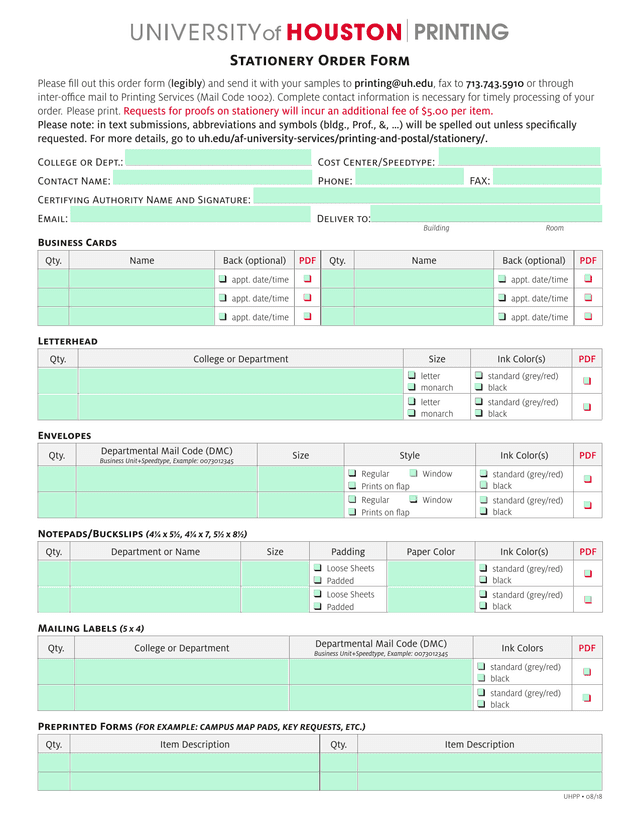 University Printing Order Form screenshot