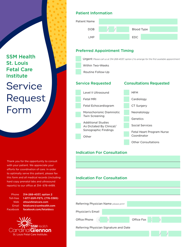 SSM Health St. Louis Fetal Care Institute Service Request Form screenshot