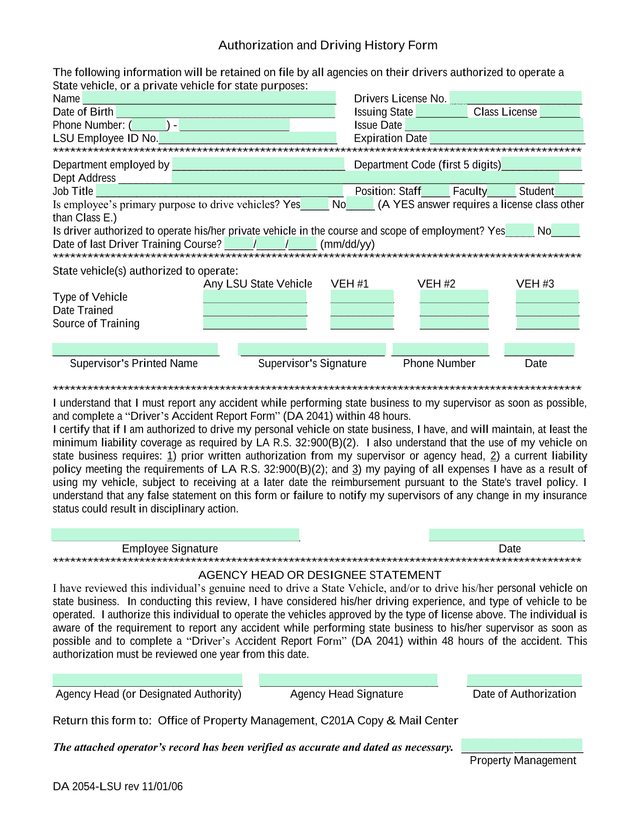 Authorization And Driving History Form screenshot