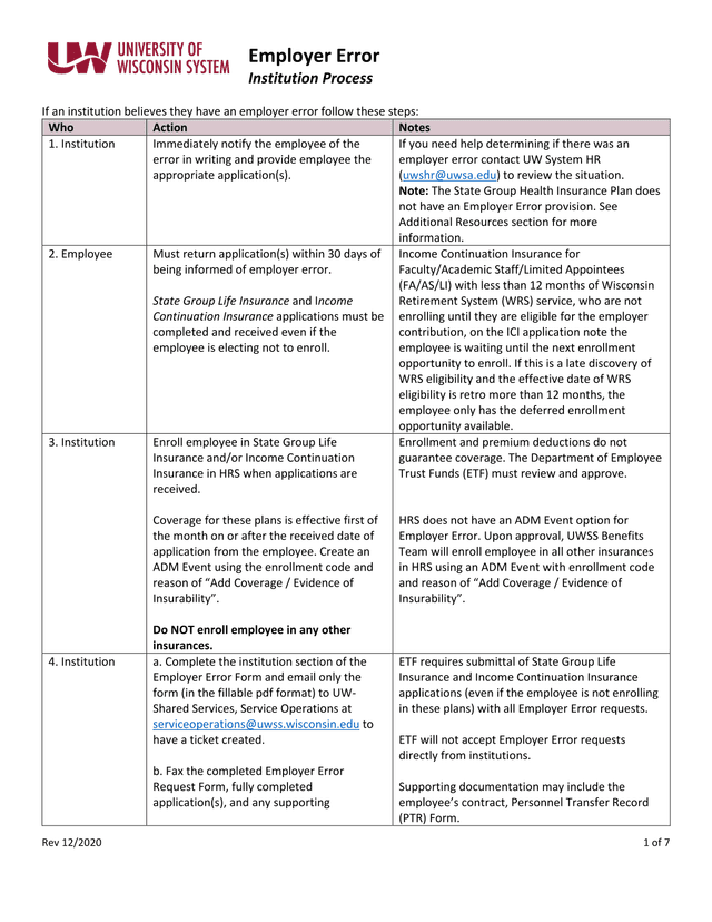 Employer Error Institution Process screenshot
