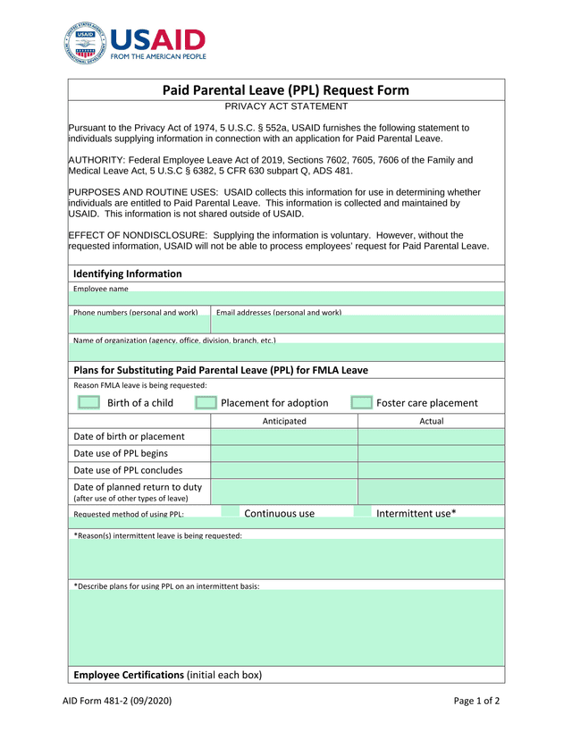 AID Form 481 2 Paid Parental Leave (PPL) Request Form screenshot