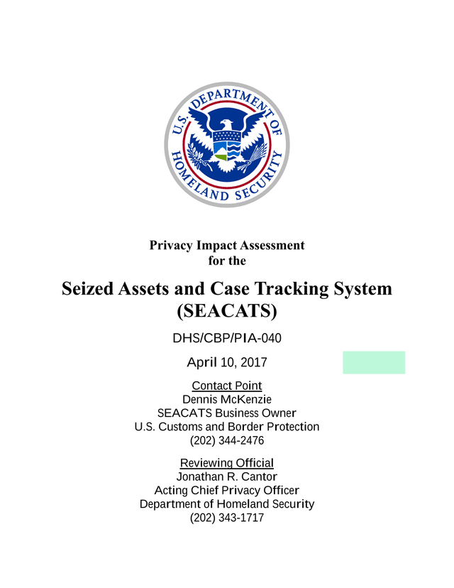 Privacy Impact Assessment For The Seized Assets And Case Tracking System (SEACATS) screenshot