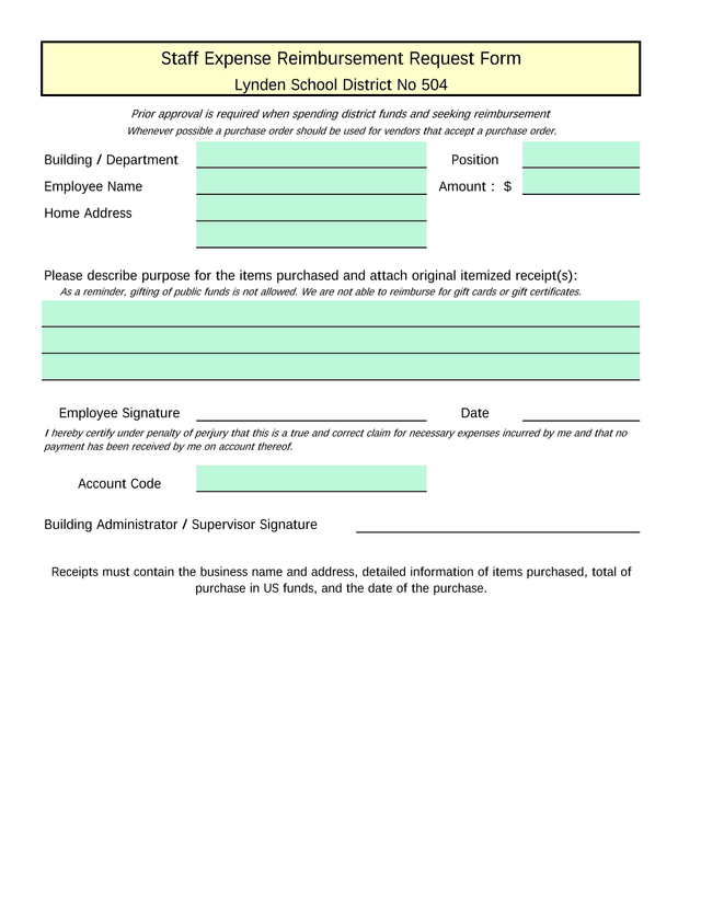 Staff Expense Reimbursement Request Form screenshot