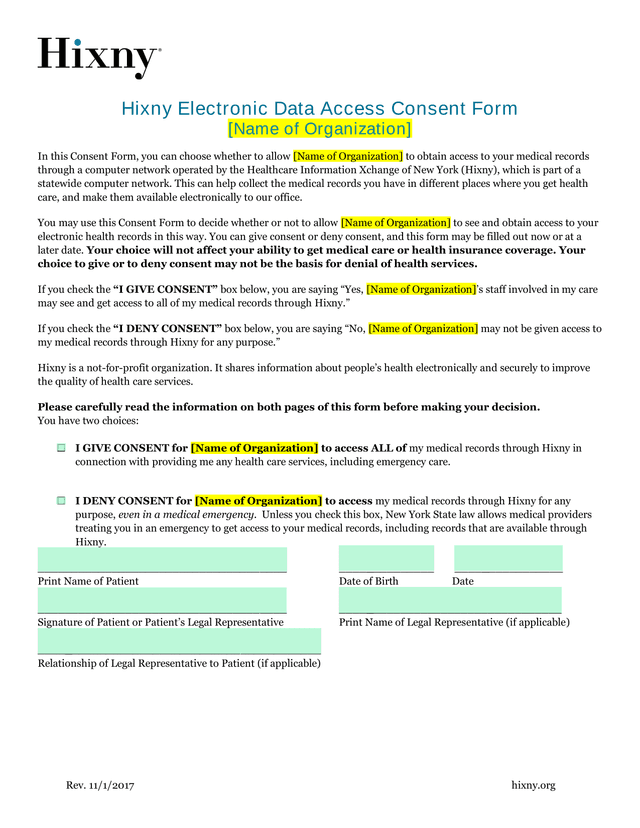 Hixny Electronic Data Access Consent Form screenshot
