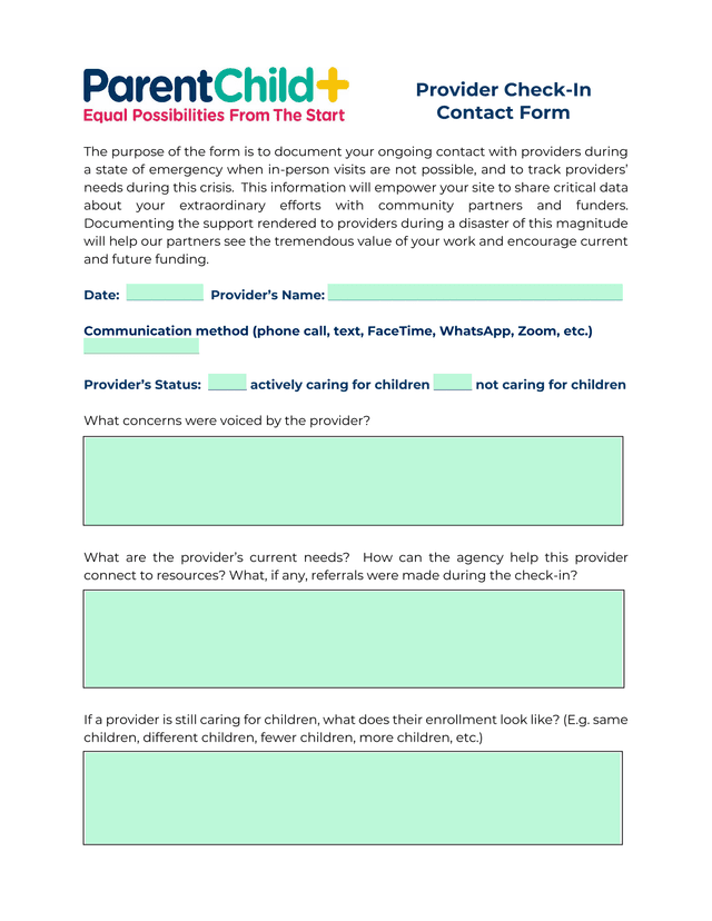 Provider Check In Contact Form screenshot