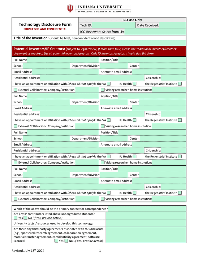 Technology Disclosure Form screenshot