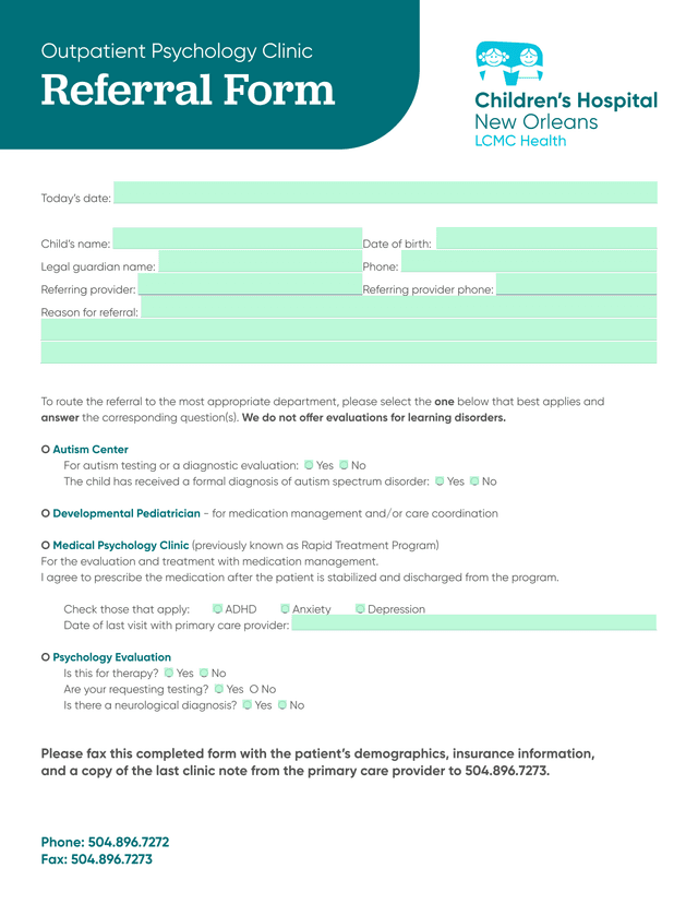 Outpatient Psychology Clinic Referral Form screenshot