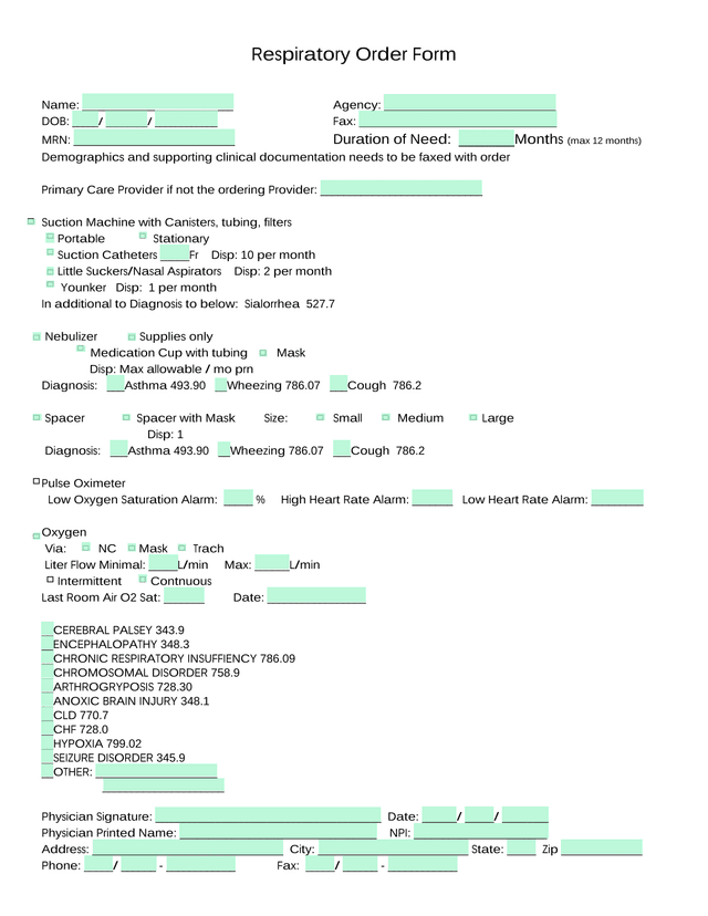 Respiratory Order Form screenshot
