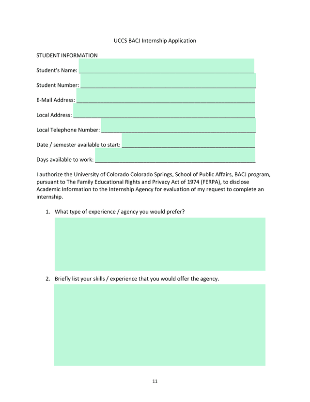 UCCS BACJ Internship Application screenshot