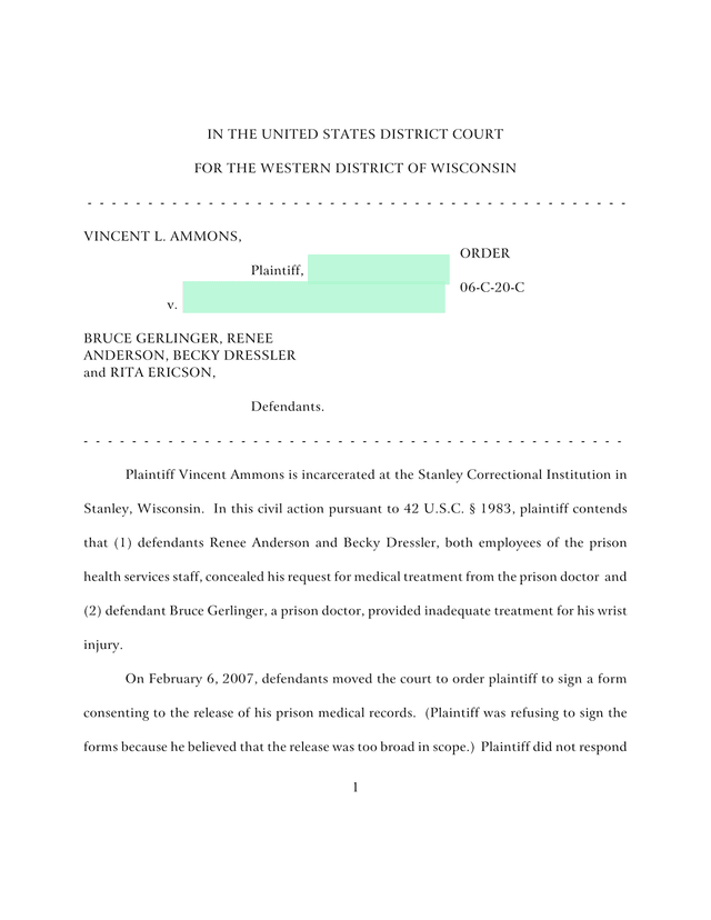 Order In Vincent L. Ammons V. Bruce Gerlinger Et Al. screenshot