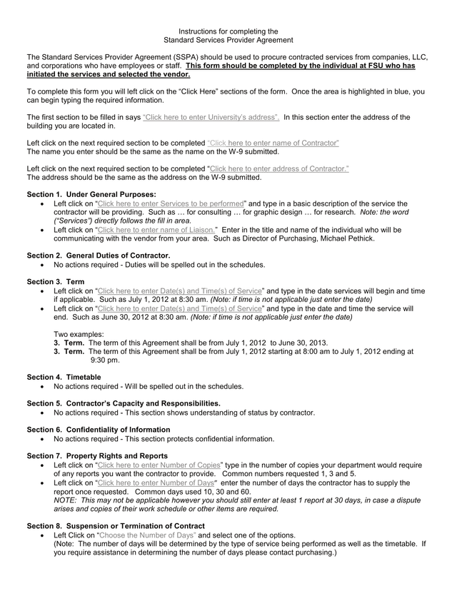 Standard Services Provider Agreement (SSPA) screenshot