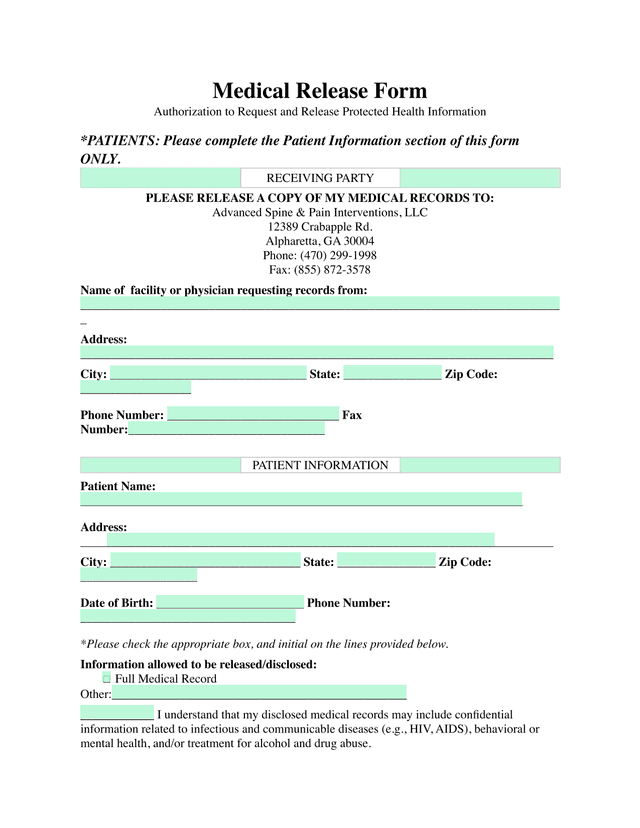 Medical Release Form screenshot