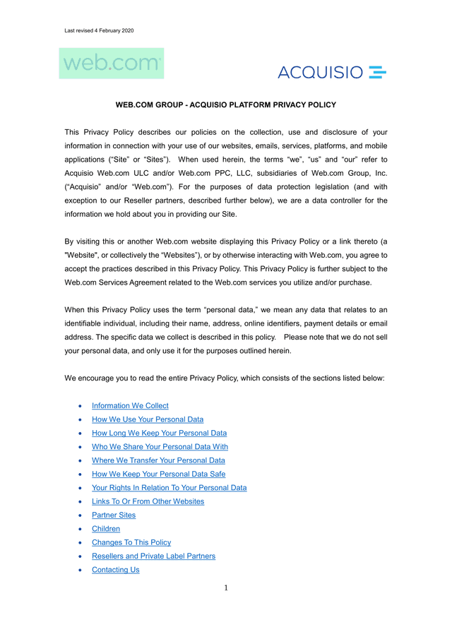 WEB.COM GROUP   ACQUISIO PLATFORM PRIVACY POLICY screenshot