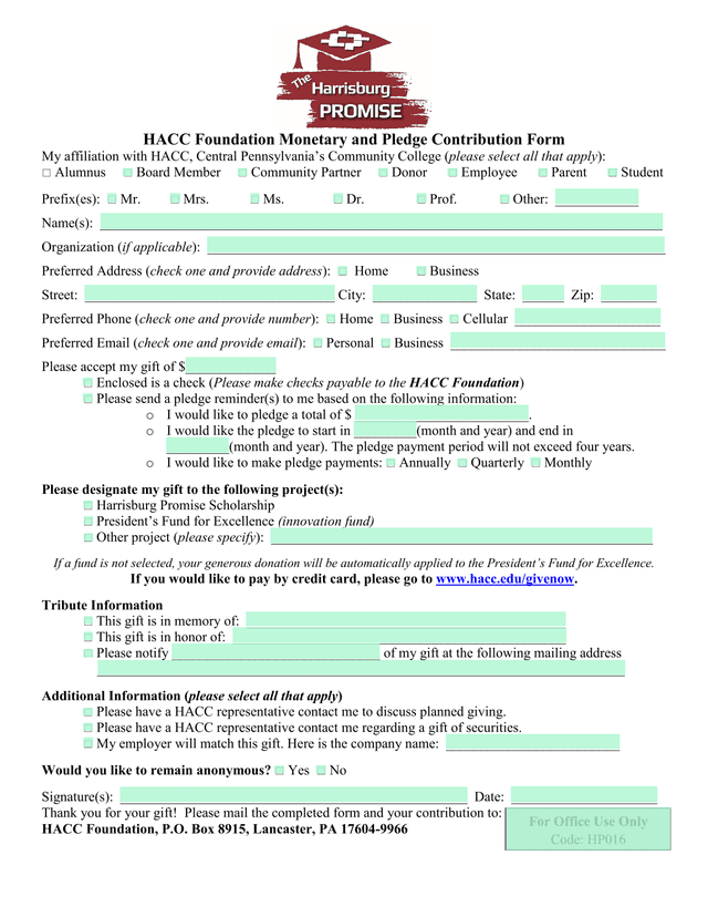 HACC Foundation Monetary And Pledge Contribution Form screenshot