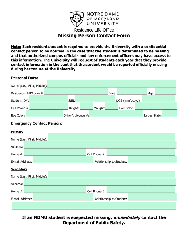 Missing Person Contact Form screenshot