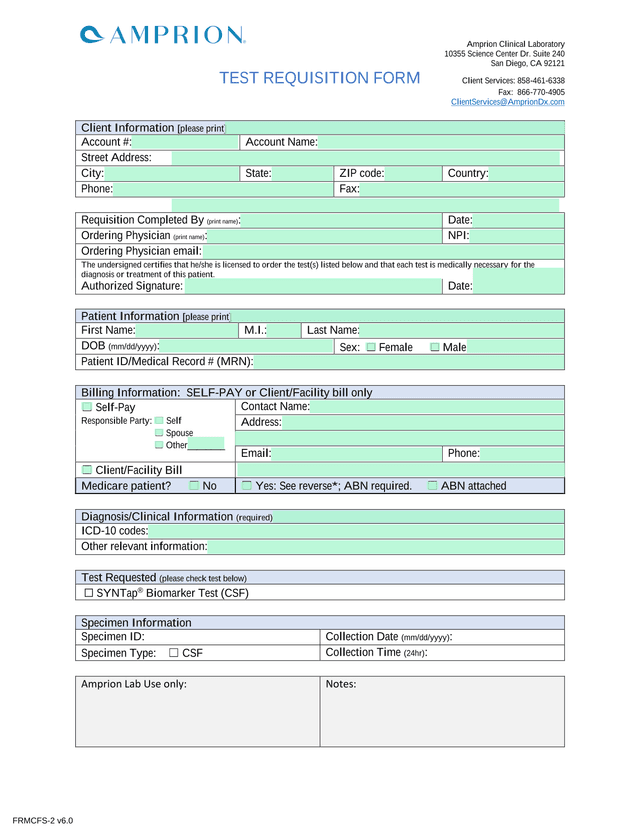 Amprion Clinical Laboratory Test Requisition Form screenshot
