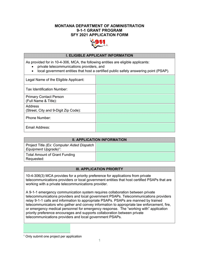 Montana Department Of Administration 9 1 1 Grant Program SFY 2021 Application Form screenshot