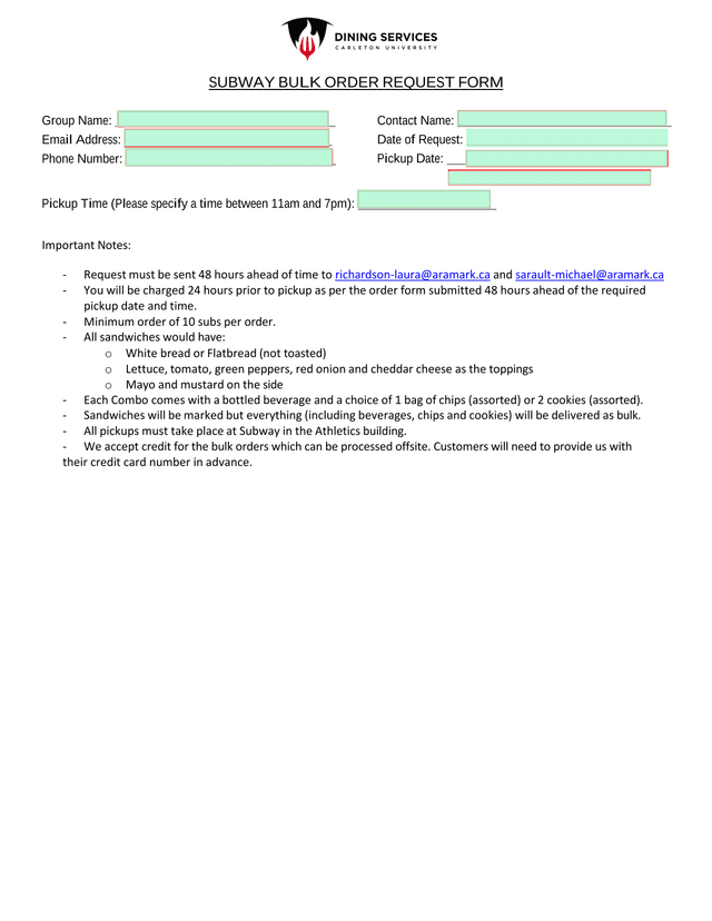 SUBWAY BULK ORDER REQUEST FORM screenshot