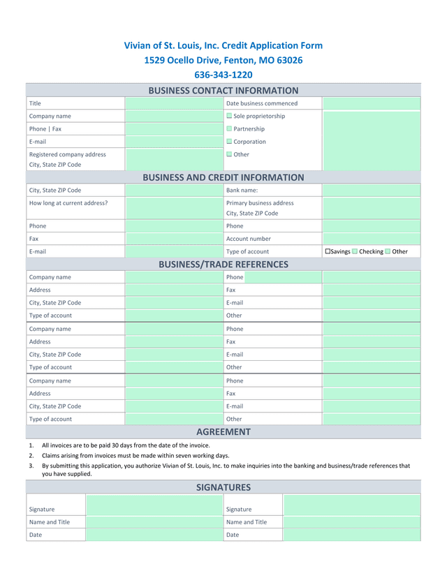 Vivian Of St. Louis, Inc. Credit Application Form screenshot