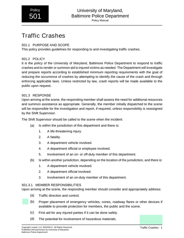 University Of Maryland, Baltimore Police Department Policy Manual   Traffic Crashes screenshot