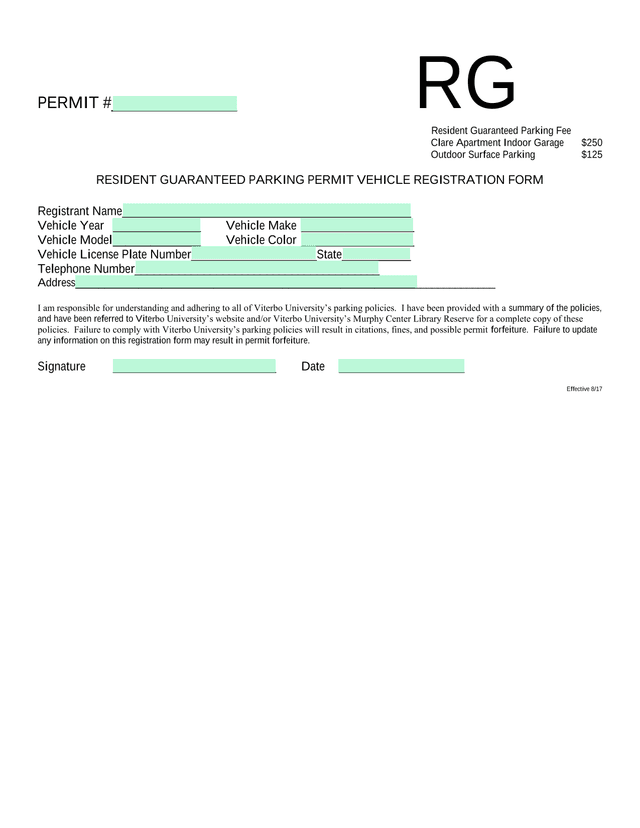 Resident Guaranteed Parking Permit Vehicle Registration Form screenshot