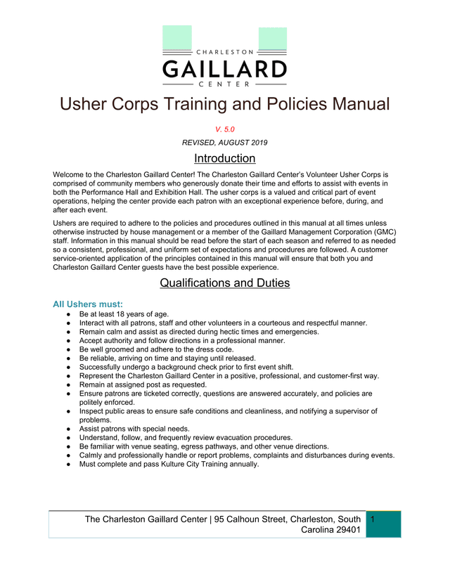 Usher Corps Training And Policies Manual screenshot