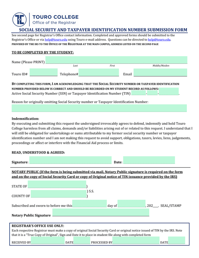 Social Security And Taxpayer Identification Number Submission Form screenshot