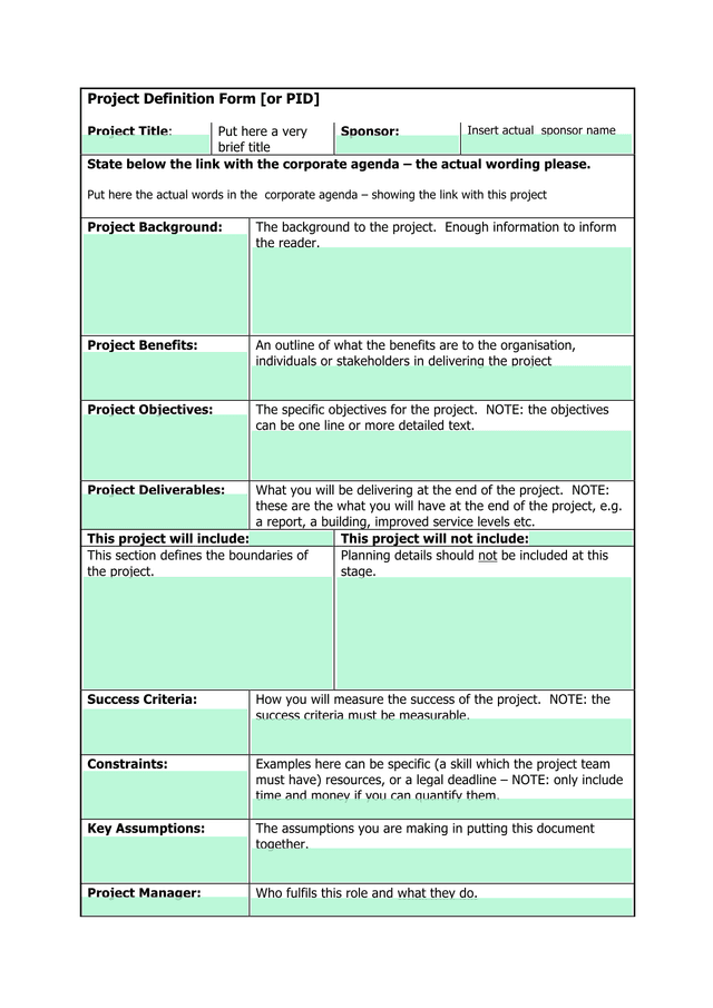 Project Definition Form Or PID screenshot