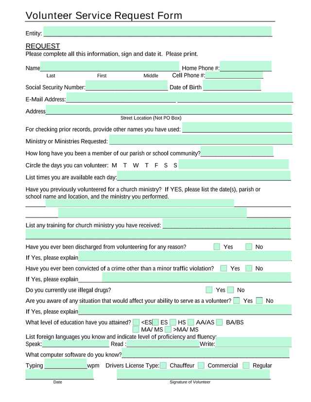 Volunteer Service Request Form screenshot