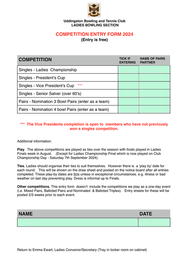 Ladies Bowling Section Competition Entry Form 2024 screenshot