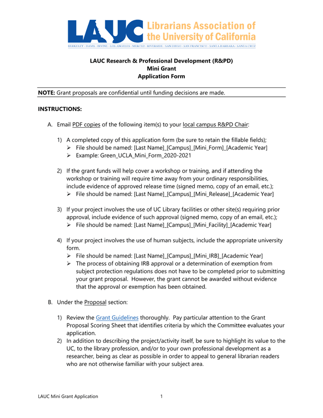 LAUC Research  Professional Development (RPD) Mini Grant Application Form screenshot