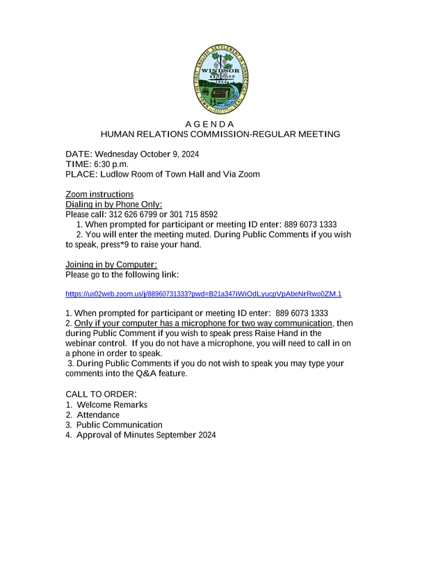 Human Relations Commission Regular Meeting Agenda screenshot