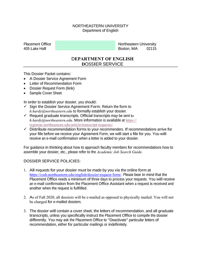 Dossier Service Agreement Form screenshot