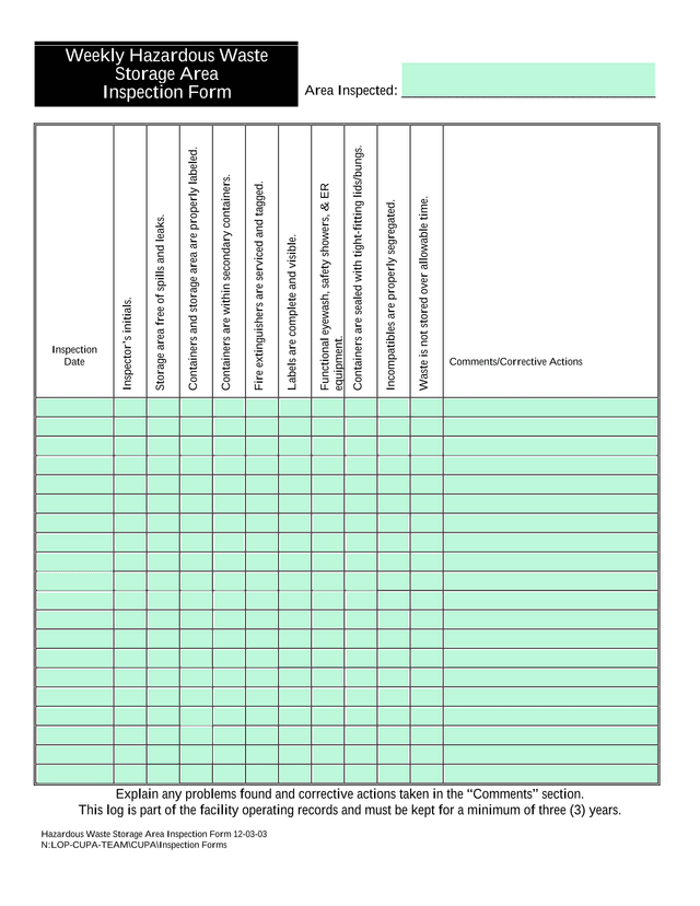 Weekly Hazardous Waste Storage Area Inspection Form screenshot