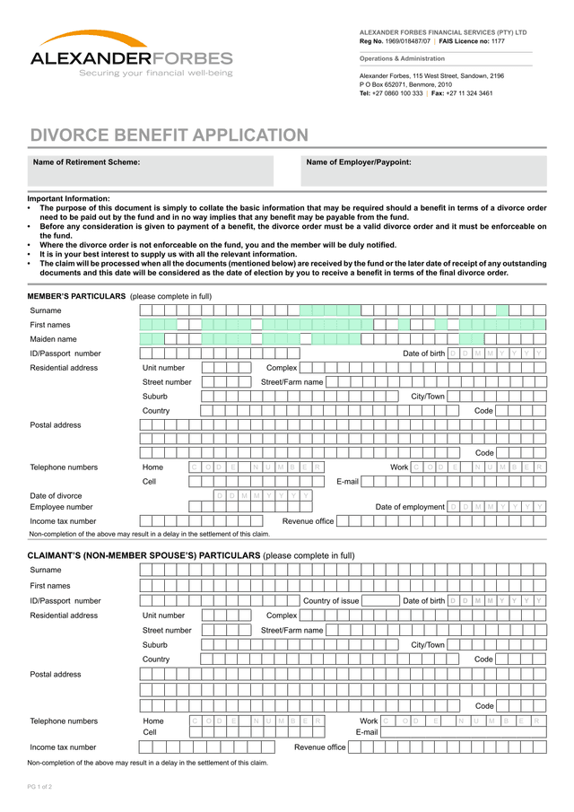 Retirement Scheme Divorce Benefit Information Form screenshot