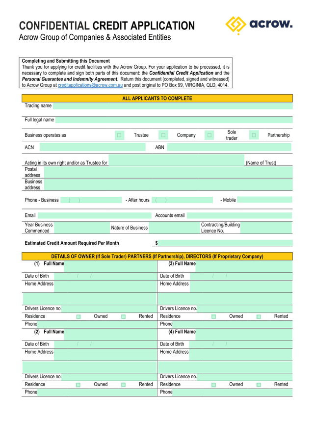 Confidential Credit Application screenshot